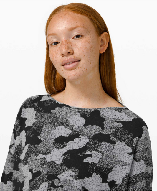 Lululemon Back In Action Long Sleeve Rulu Heritage Speckle Camo Jacquard Black Rhino Grey Size 10 Brand New