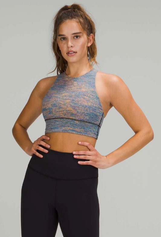 Lululemon Energy Bra High Neck Long Line Medium Support, B–D Cup Spectral Fusion Jacquard Autumn Red Teal Lagoon Sz 6