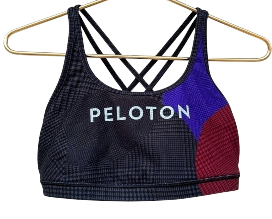 Peloton WITH Wear It To Heart Topsy Turvy Sports Bra Houndstooth Strappy Back Sz Large Brand New