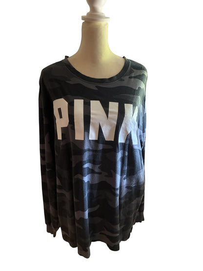Victoria's Secret PINK Oversized Long Sleeve Black & Gray Camo Logo Tee Sz Large
