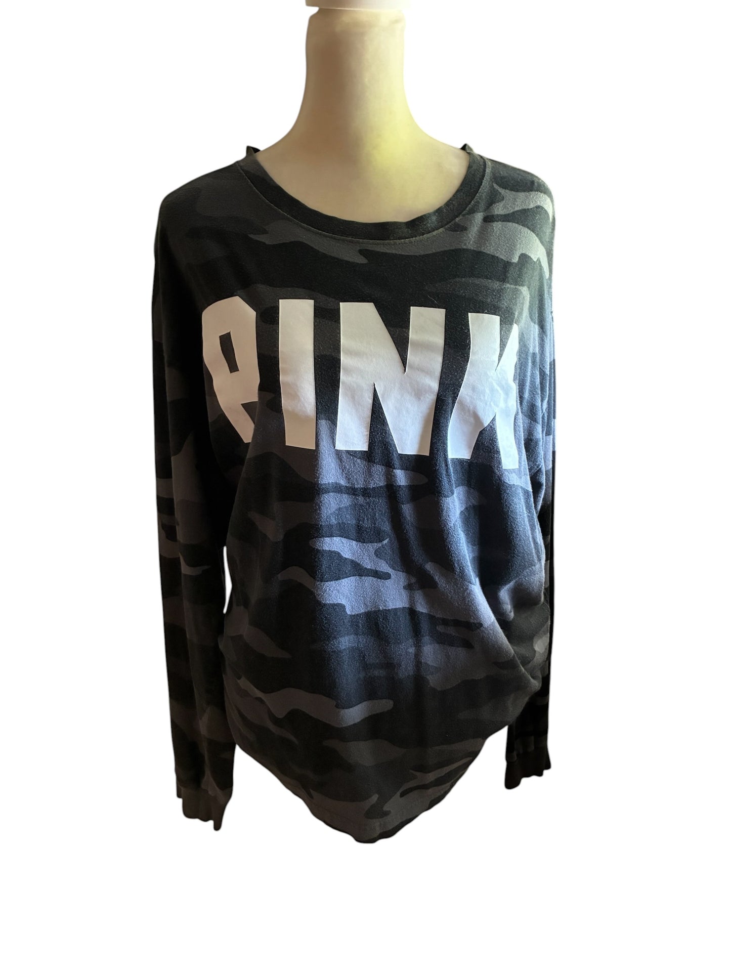Victoria's Secret PINK Oversized Long Sleeve Black & Gray Camo Logo Tee Sz Large