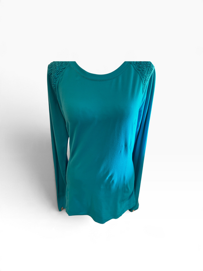 Lululemon Women's Long Sleeve Top Ruched Smocked Shoulder Hawaiian Blue Size 10