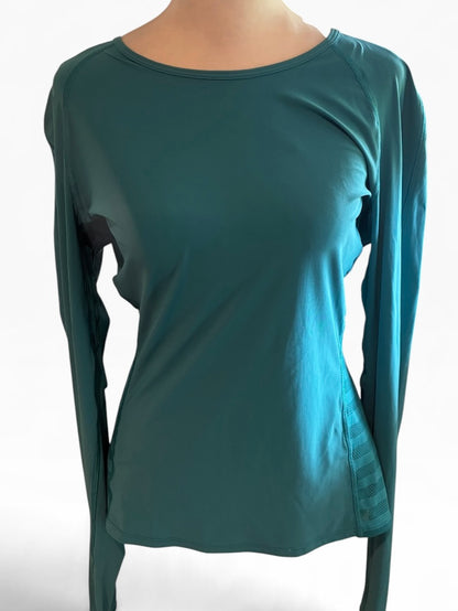 Lululemon Women’s Long Sleeve Running Shirt with Mesh Side Panels Thumbholes Green Jasper Size 10 Brand New