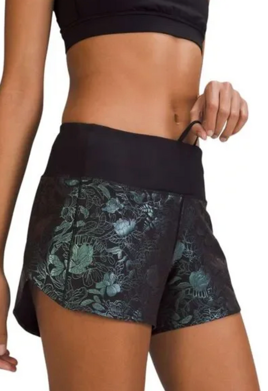 Lululemon Speed Up Mid-Rise Lined Short 4" Inseam Logo Flourish Black Iridescent Foil/Black Sz 8