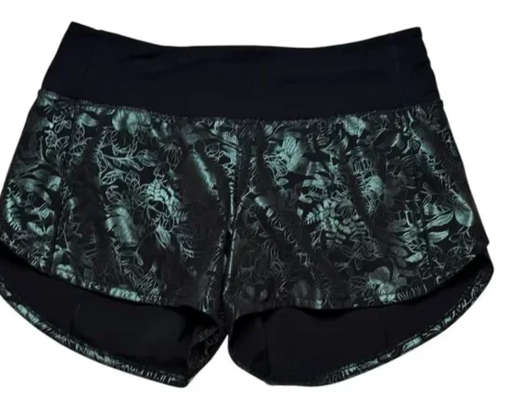 Lululemon Speed Up Mid-Rise Lined Short 4" Inseam Logo Flourish Black Iridescent Foil/Black Sz 8