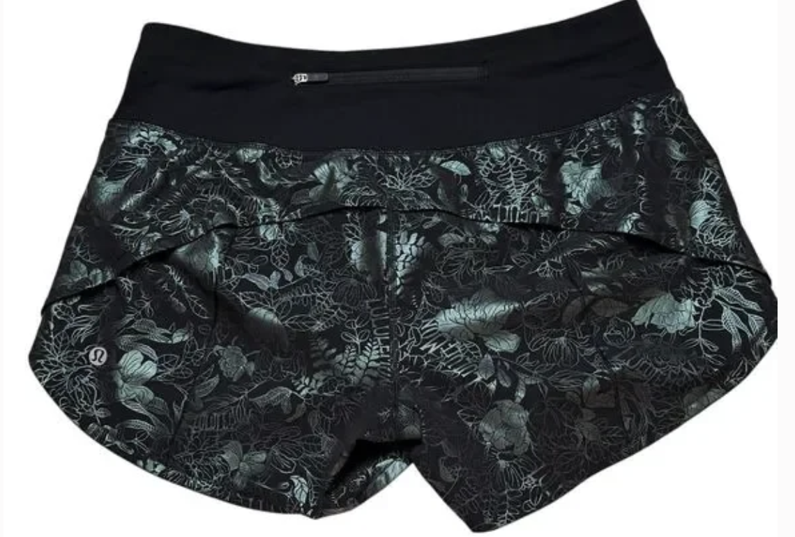 Lululemon Speed Up Mid-Rise Lined Short 4" Inseam Logo Flourish Black Iridescent Foil/Black Sz 8