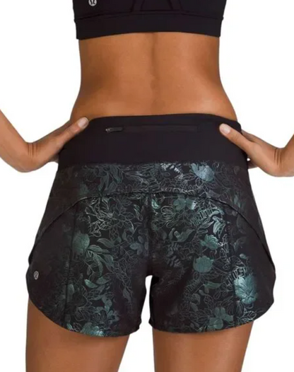 Lululemon Speed Up Mid-Rise Lined Short 4" Inseam Logo Flourish Black Iridescent Foil/Black Sz 8