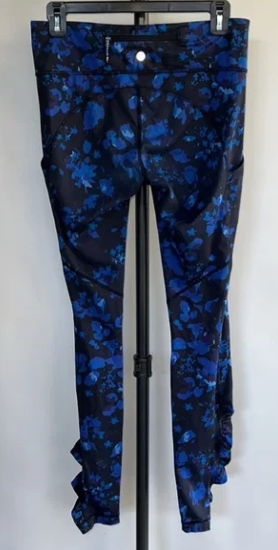 Lululemon High Rise Leggings with Leg Ruching Blue & Black Print Sz 6