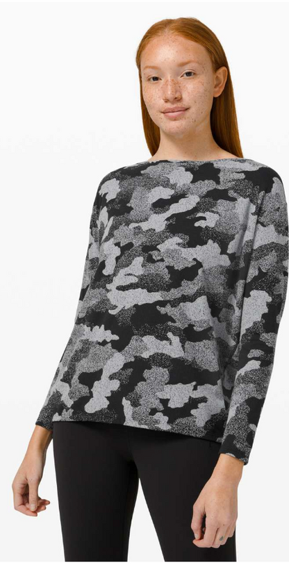 Lululemon Back In Action Long Sleeve Rulu Heritage Speckle Camo Jacquard Black Rhino Grey Size 10 Brand New