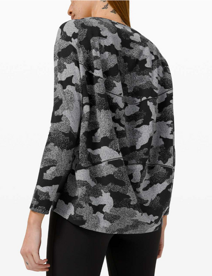 Lululemon Back In Action Long Sleeve Rulu Heritage Speckle Camo Jacquard Black Rhino Grey Size 10 Brand New
