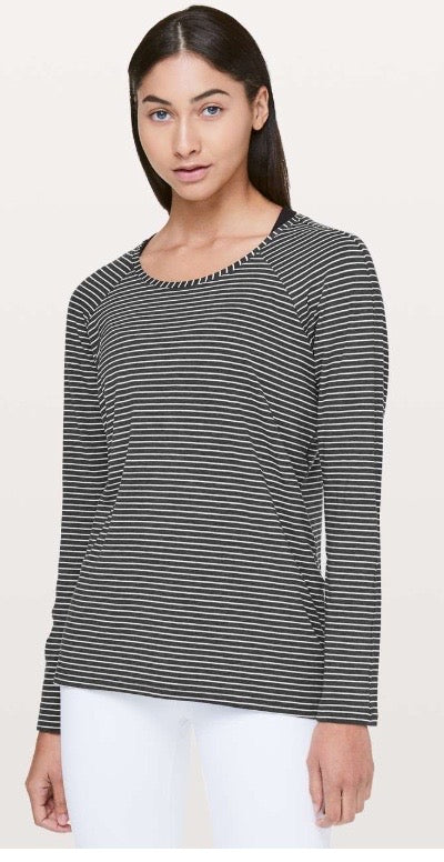 Lululemon Emerald Long Sleeve Modern Stripped Top Heathered Black White  Sz 6