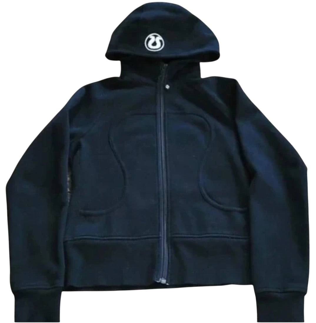 Lululemon Scuba Hoodie Full Zip Jacket Black/White Chenille logo Sz 10