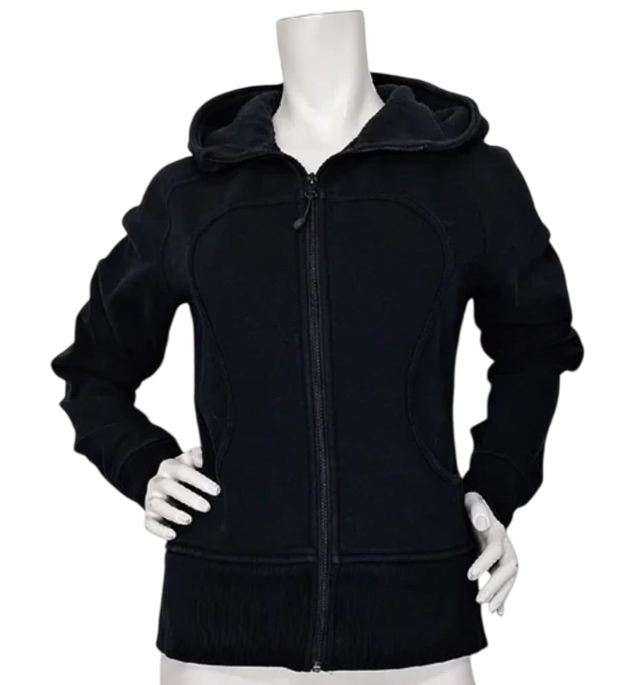 Lululemon Scuba Hoodie Full Zip Jacket Black/White Chenille logo Sz 10