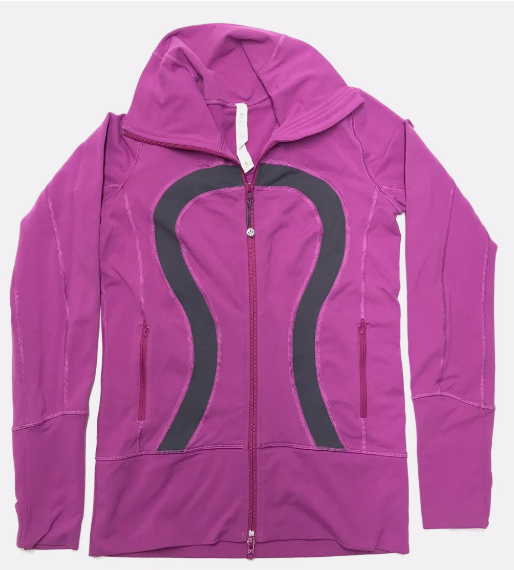 Lululemon In Stride Jacket Full Zip Mock Neck Pockets No Hood Fuchsia Graphite Grey Sz 6
