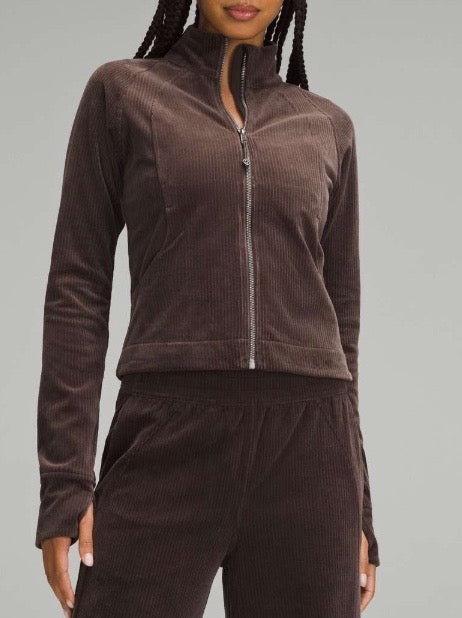 Lululemon Scuba Track Jacket Velvet Cord Classic Crop Fit Waist Length Espresso Brown Sz 4 Band New