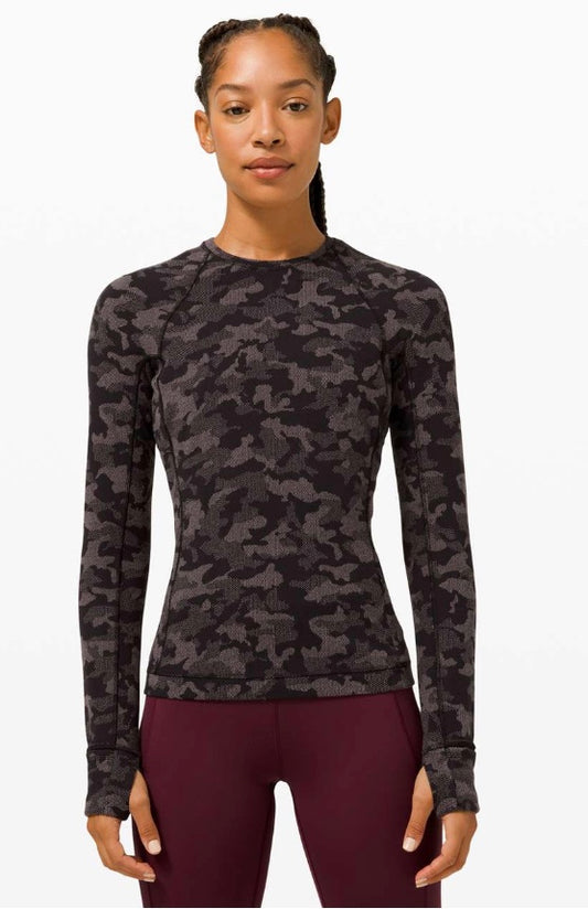 Lululemon Runderful Long Sleeve Heritage Camo Jacquard Black Lunar Rock Sz 8