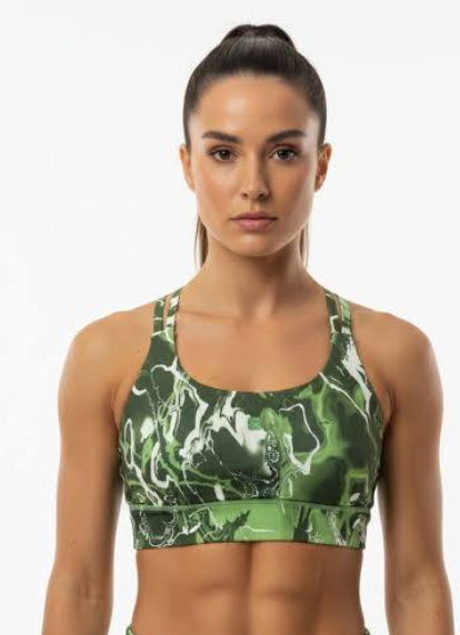 FILA Uplift High Neck Sports‎ Bra Crop Top Two Tone Green Marble Sz M Brand New
