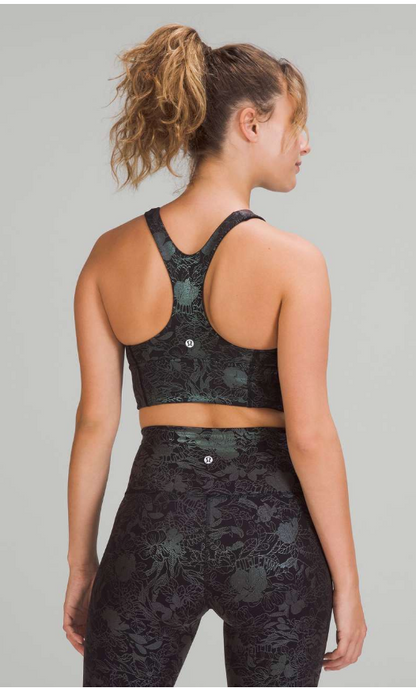Lululemon Wunder Train Longline Bra Medium Support, C/D Cup Logo Flourish Black Iridescent Foil Sz 10 Brand New