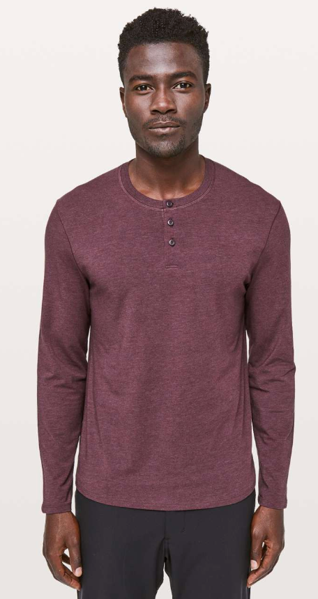 Lululemon Men's 5 Year Basic Long Sleeve Henley Heathered Black Plum Sz Large Brand New