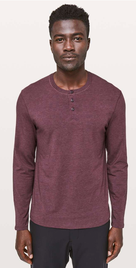 Lululemon Men's 5 Year Basic Long Sleeve Henley Heathered Black Plum Sz Large Brand New