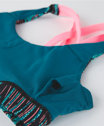 Lululemon Energy Bra Mini Palm Lace Tofino Teal Multi/Flash Light Size 6